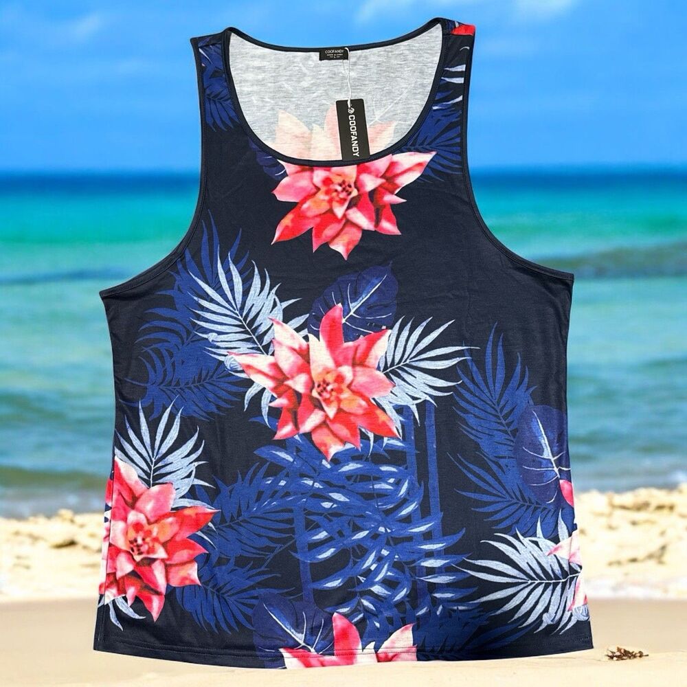 Coofandy Tank Top Men's Large Blue Floral Sleeveless Tees Casual Sport Gym NEW
